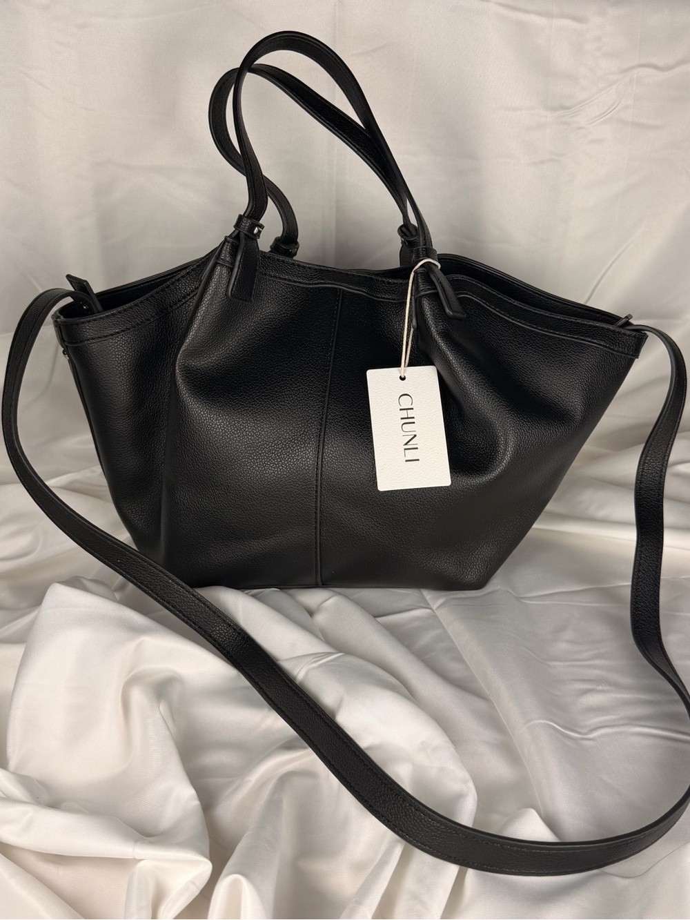 Black Vegan Leather Tote Bag with Crossbody Strap